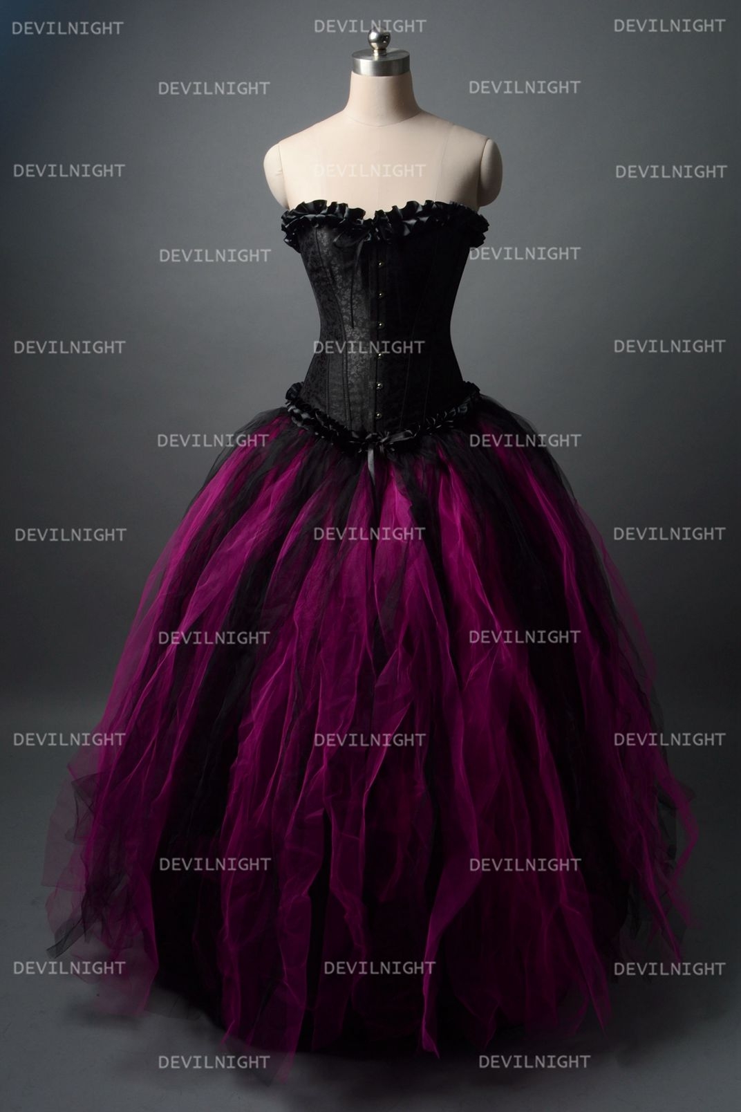 Black and Fuchsia Gothic Corset Burlesque Long Prom Party Dress