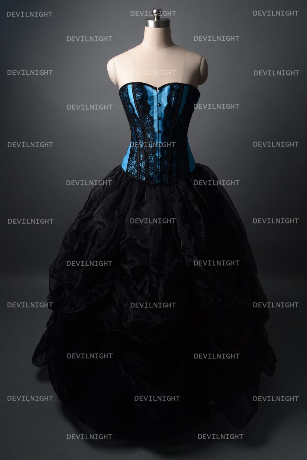 Fashion Black and Blue Gothic Corset Burlesque Long Prom Party Dress