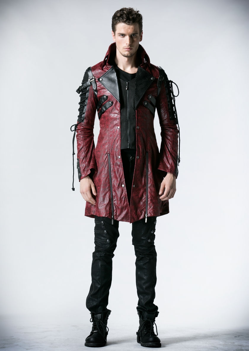 Red and Black Long Sleeves Leather Gothic Trench Coat for Men