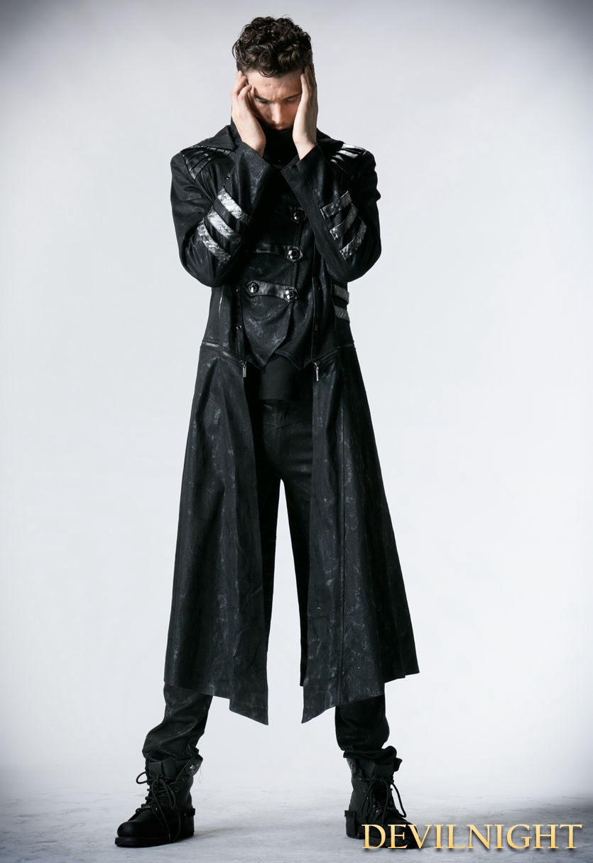 Black Long to Short Gothic Military Trench Coat for Men