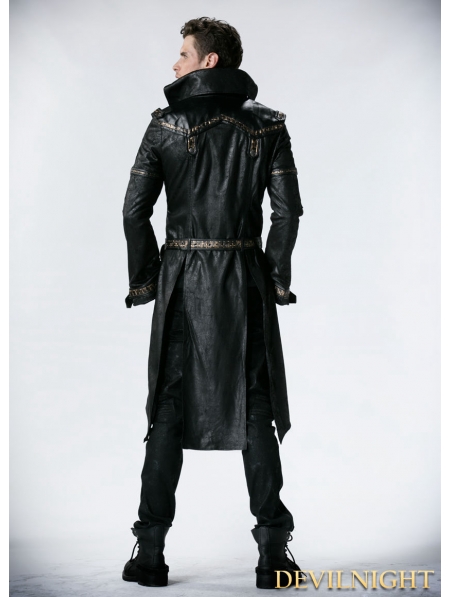 Black Leather Gothic Punk Trench Coat for Men - Devilnight.co.uk