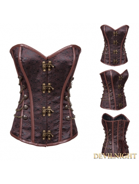 Brown Military Inspired Overbust Steampunk Corset - Devilnight.co.uk