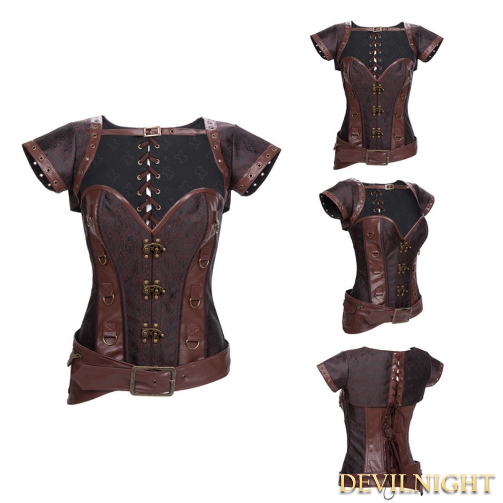 Brown Brocade Overbust Steampunk Corset with Jacket