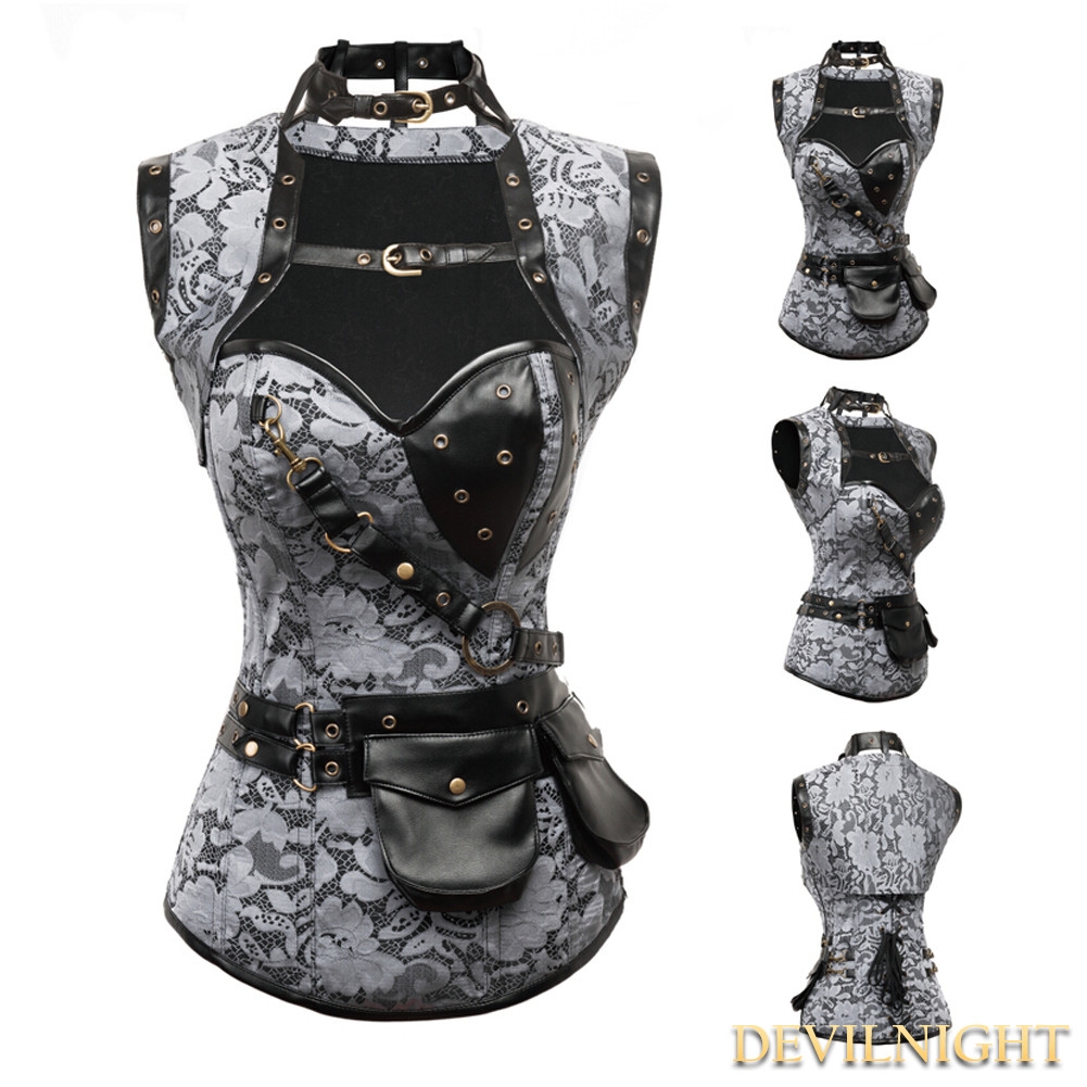 Black Pattern Overbust Steampunk Corset with Jacket