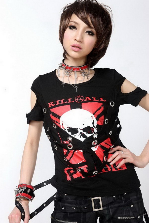 Black Short Sleeves Punk T-Shirt for Women