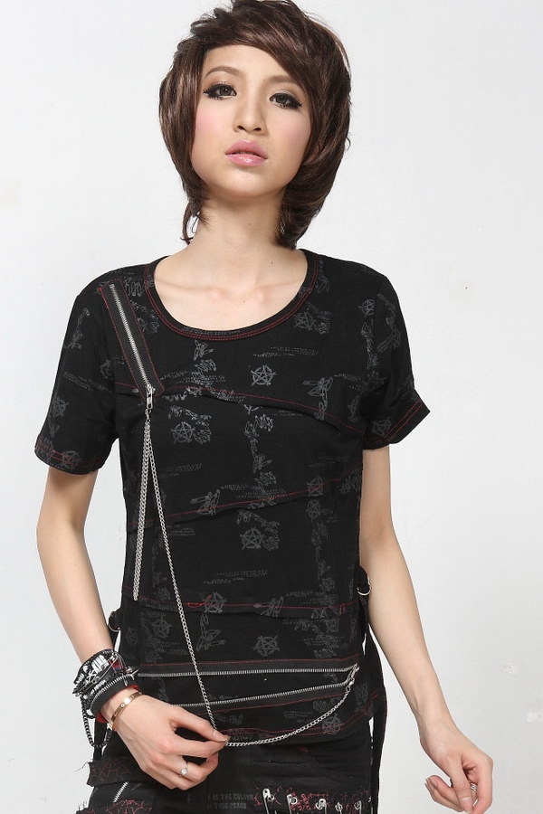 Black Short Sleeves Chain Punk T-Shirt for Women