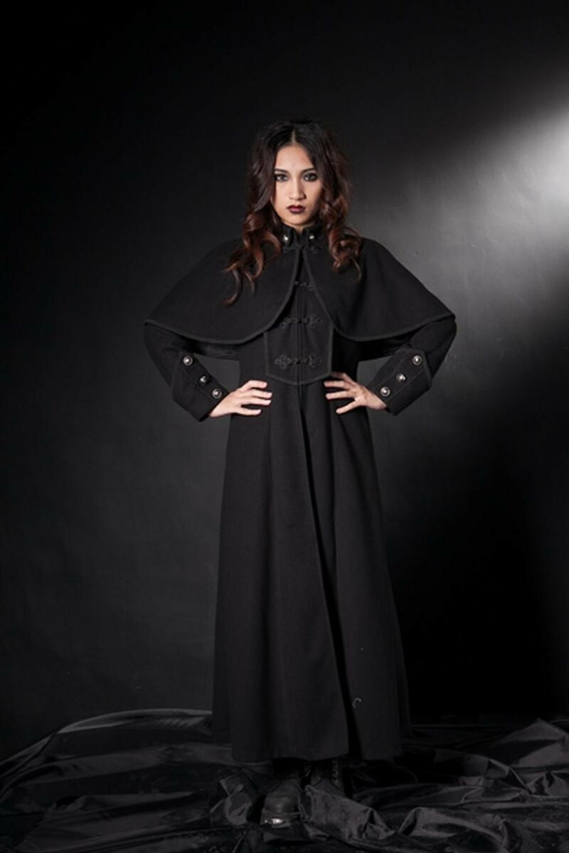 Black Gothic Long Coat with Cape for Women