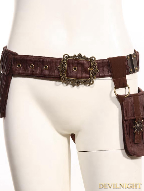 Brown Leather Steampunk Belt with Pocket Bag