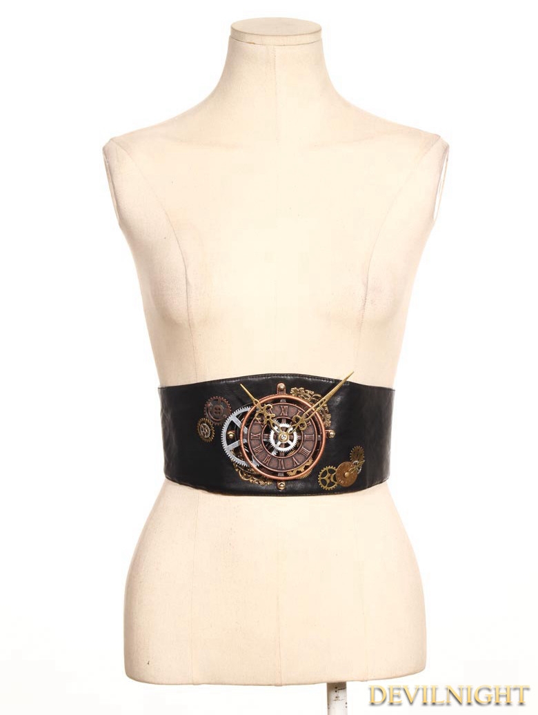 Black Steampunk Leather Style Clock Belt