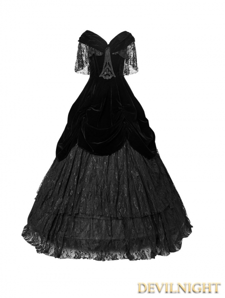 Black Velvet Off The Shoulder Gothic Victorian Dress Uk