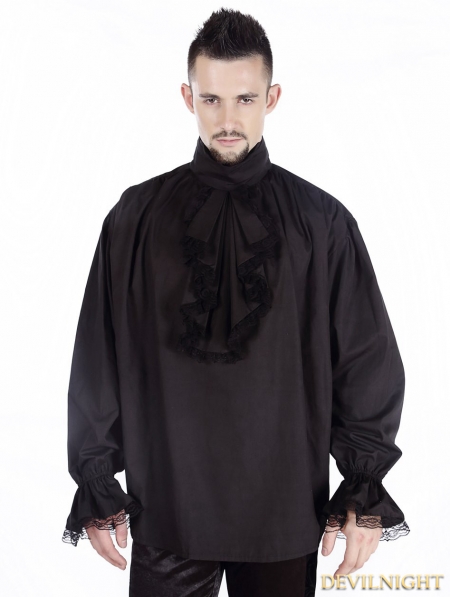 Black Vintage High Collar Gothic Blouse for Men - Devilnight.co.uk