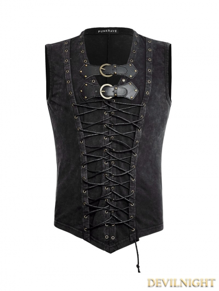 Black Gothic Front Strap Vest for Men - Devilnight.co.uk