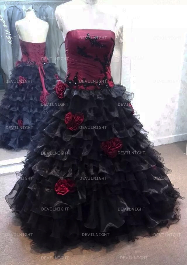 Red and Black Rose Accents Gothic Wedding Dress