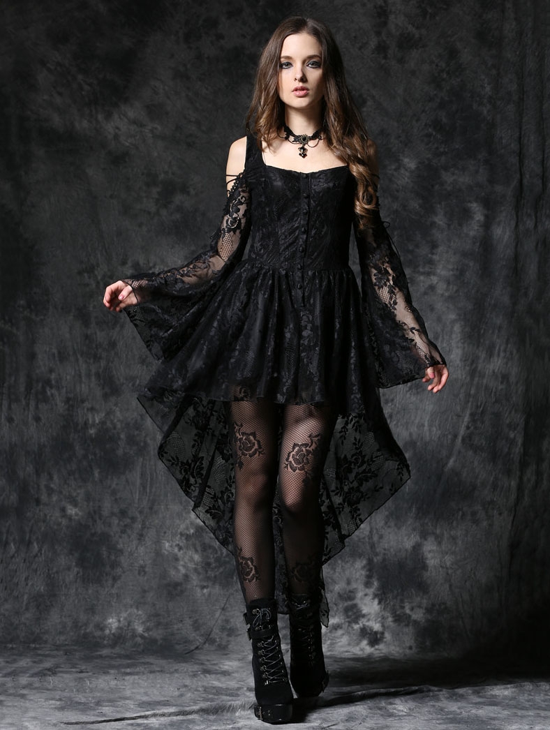 Black Off-the-Shoulder Long Sleeves High-Low Lace Gothic Dress