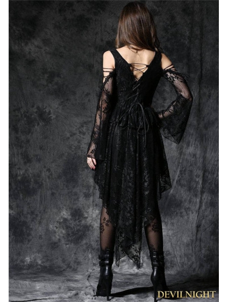 Black Off-the-Shoulder Long Sleeves High-Low Lace Gothic Dress ...