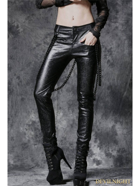 Black Gothic Punk Embossed Leather Pants with Detachable Chain ...