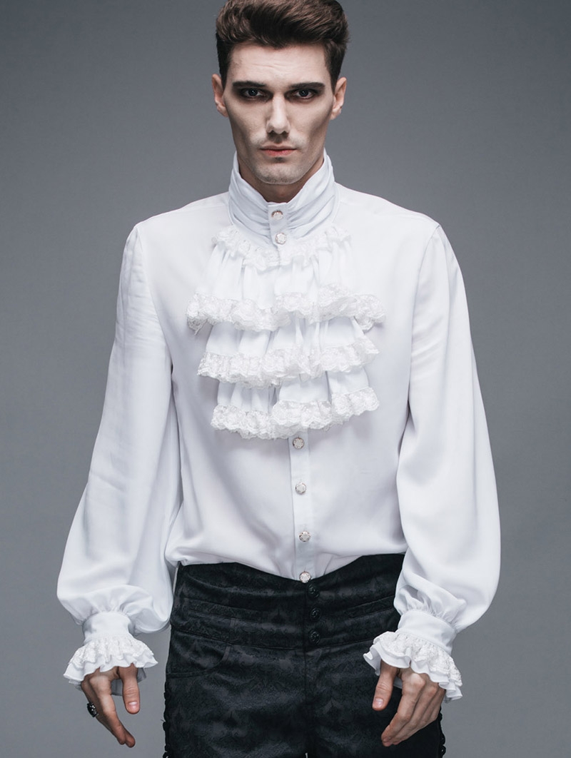 White Flounce Tie Gothic Blouse for Men