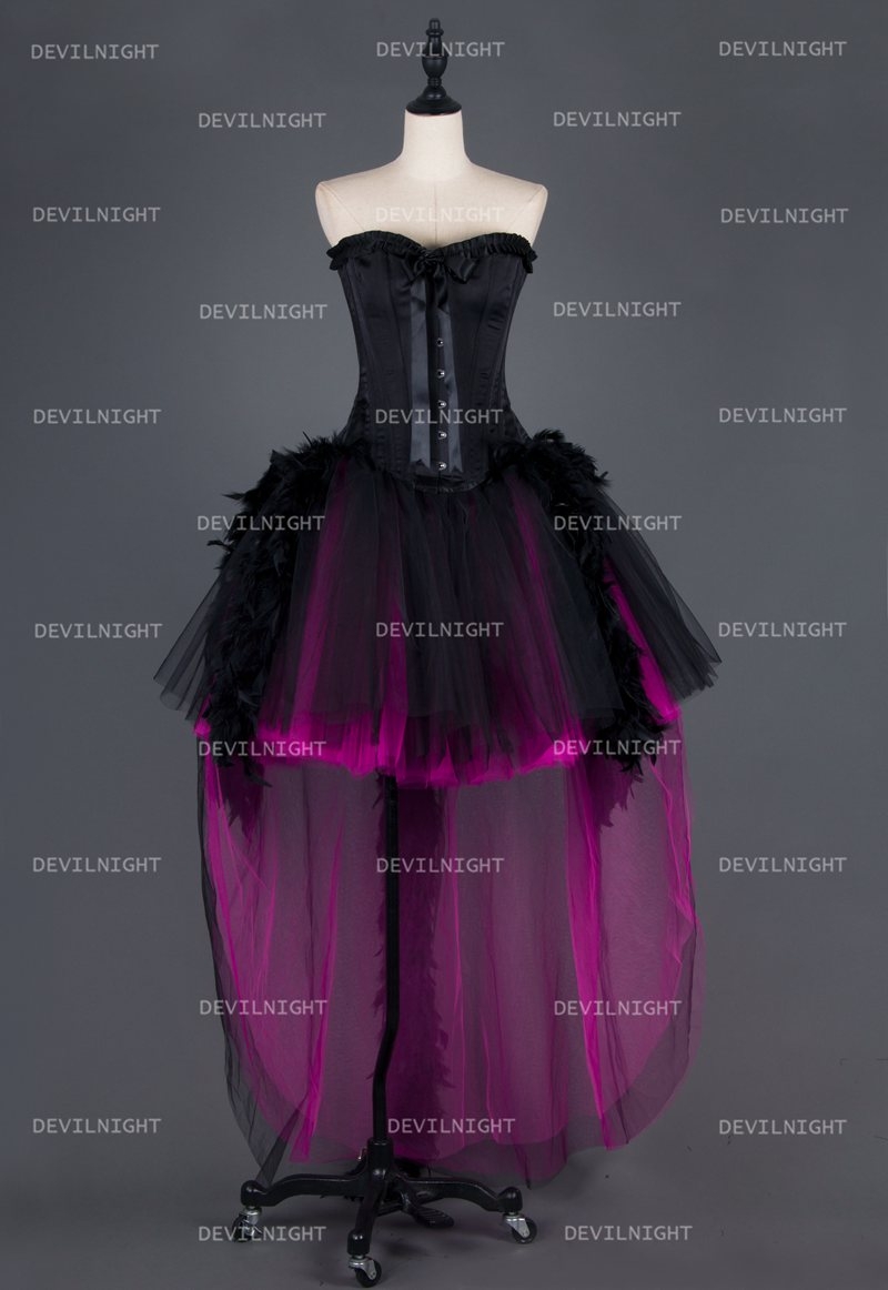 Black and Fuchsia High-Low Feather Gothic Prom Party Dress