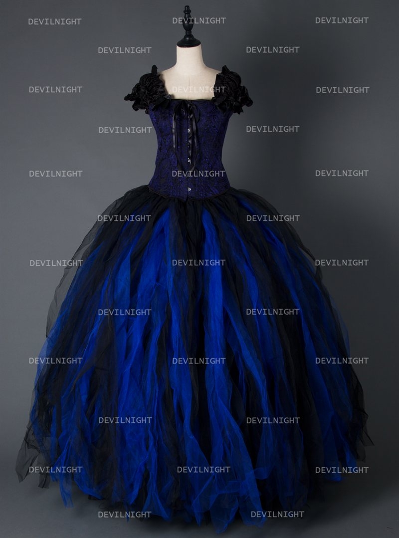 Black and Blue Gothic Long Prom Corset Dress