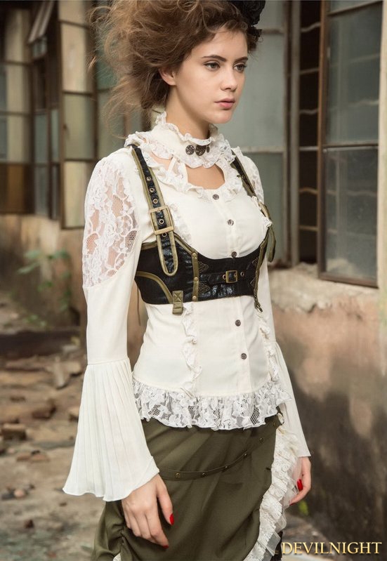 White Steampunk Lace Long Sleeve Blouse for Women