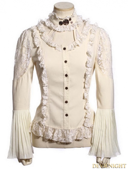 White Steampunk Lace Long Sleeve Blouse for Women - Devilnight.co.uk