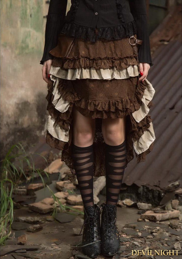 Brown Steampunk Lace Irregular Skirt