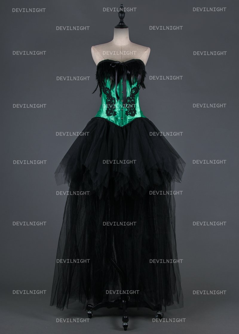 Black and Green Gothic Burlesque Corset Hign-Low Prom Party Dress 