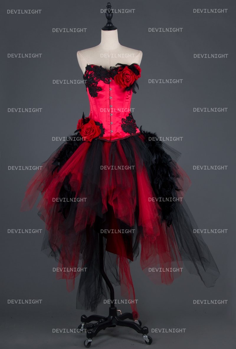 Black and Red Gothic Burlesque Corset Irregular Prom Party Dress