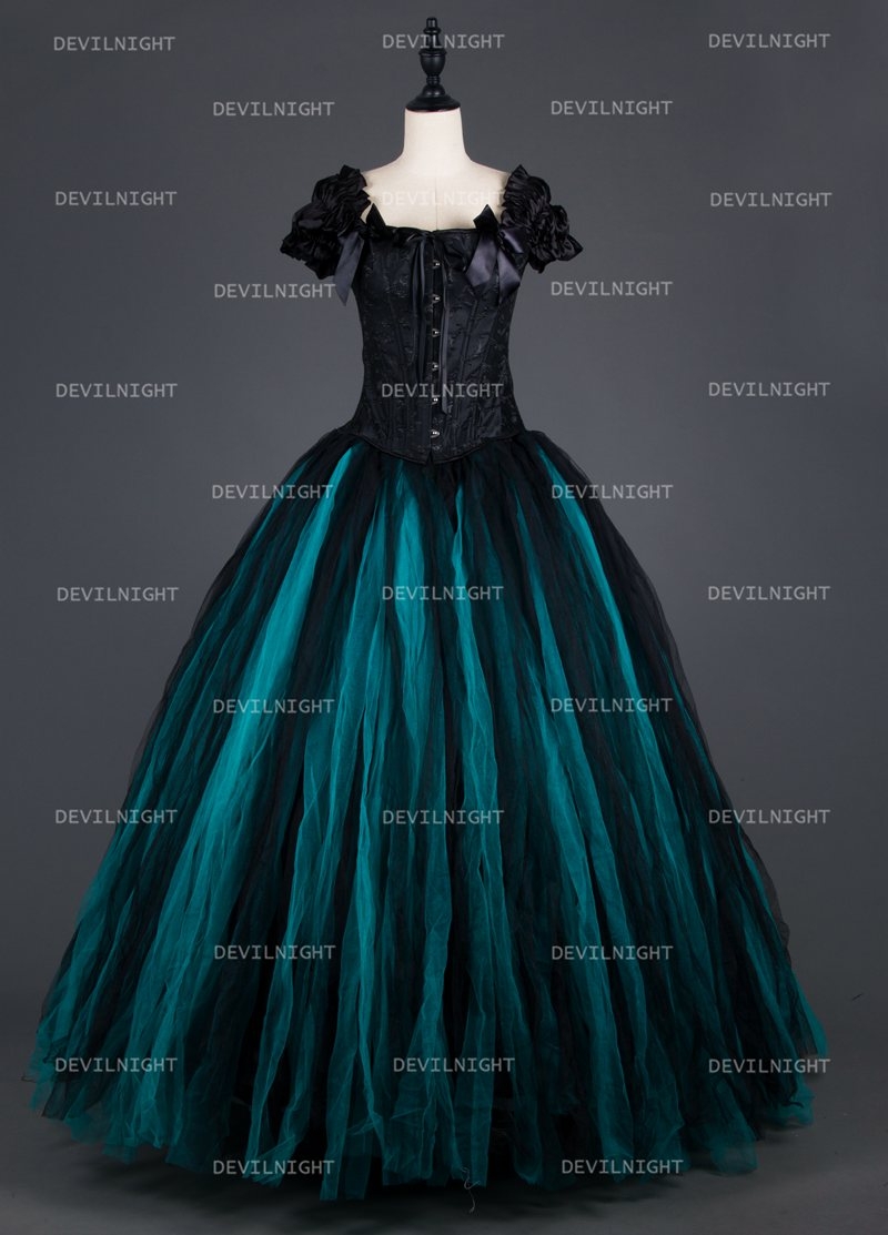 Black and Tiffany Blue Vintage Gothic Corset Long Prom Party Dress