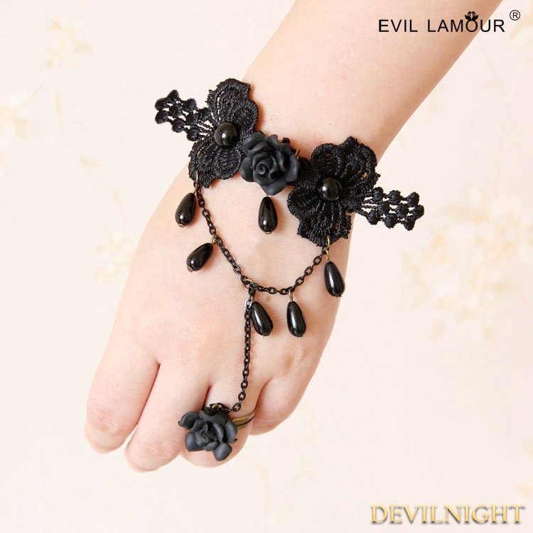 Black Gothic Rose Lace Bead Bracelet Ring Jewelry