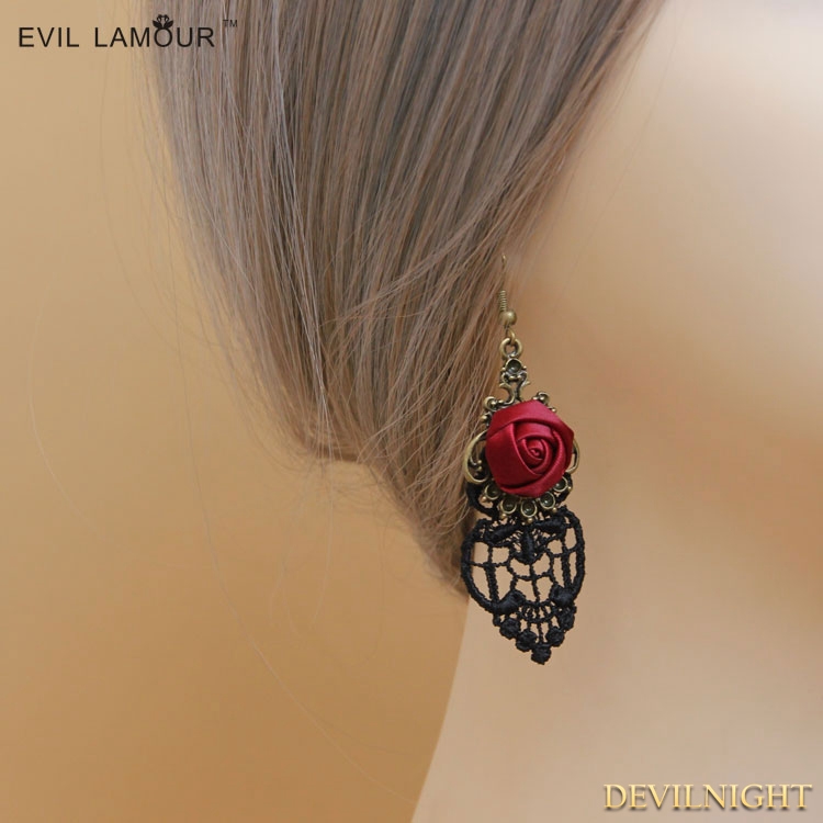 Black and Red Rose Lace Earrings