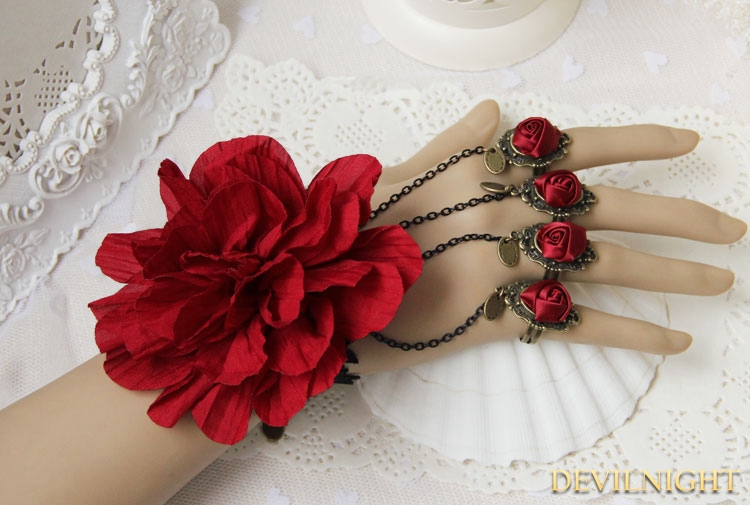 Red Gothic Rose Vintage Bracelet Ring Jewelry