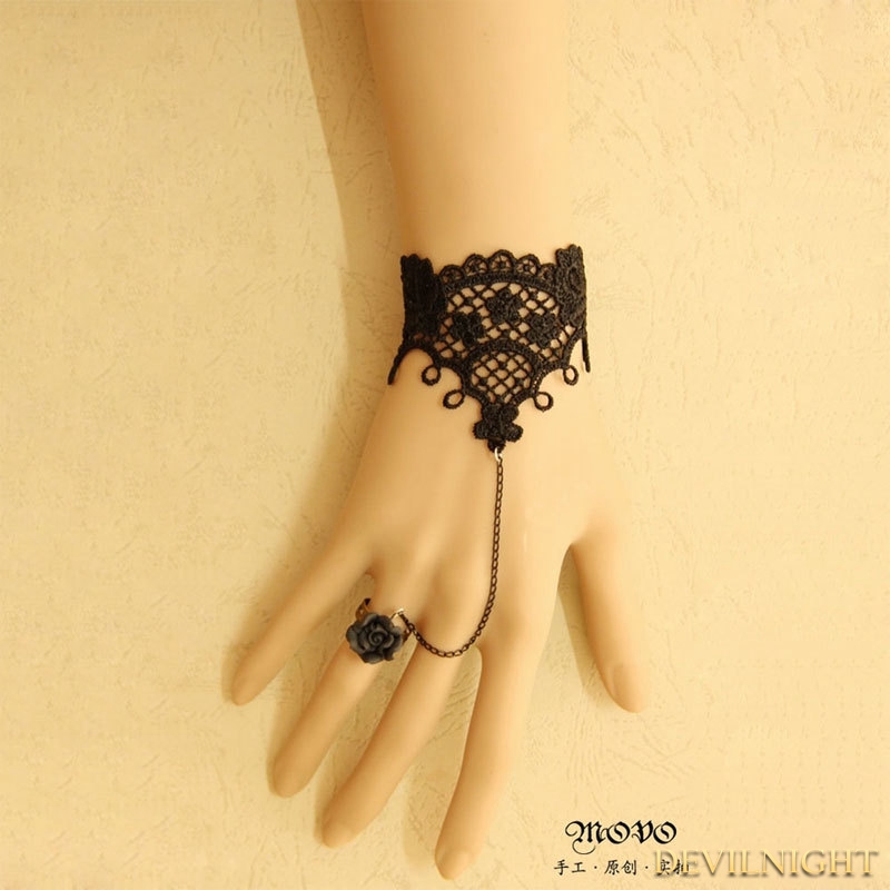 Black Gothic Rose Lace Bracelet Ring Jewelry