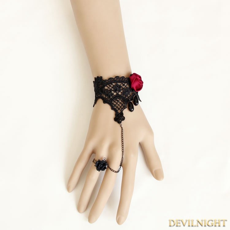 Black and Red Gothic Lace Bead Bracelet Ring Jewelry