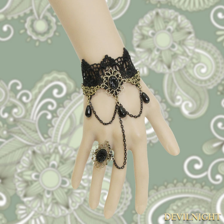 Black Gothic Elegant Bead Lace Bracelet Ring Jewelry