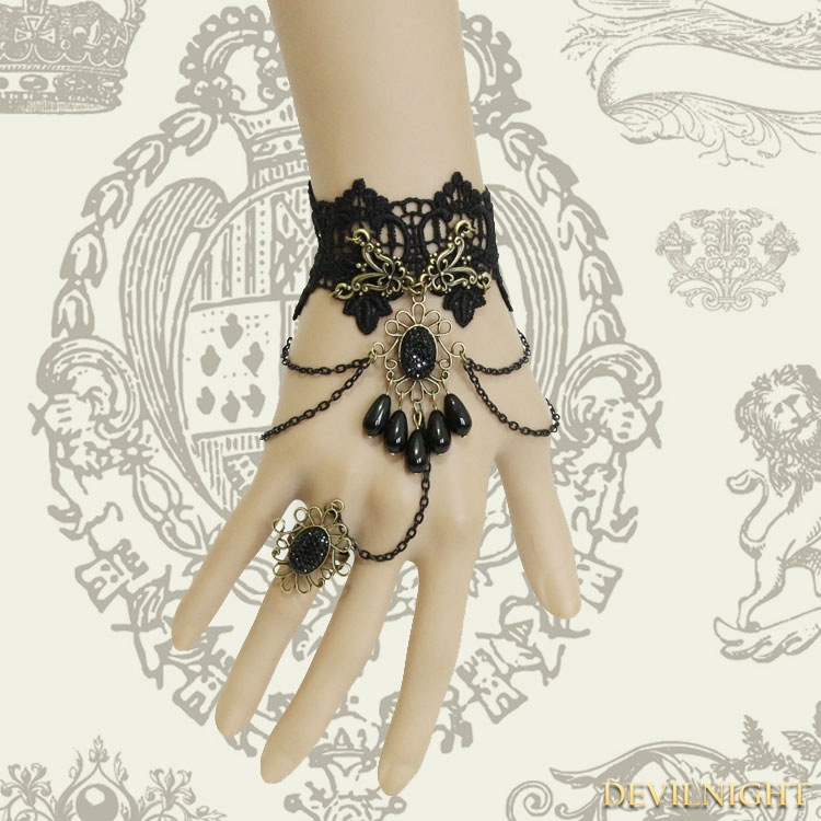 Black Gothic Palace Style Bead Lace Bracelet Ring Jewelry