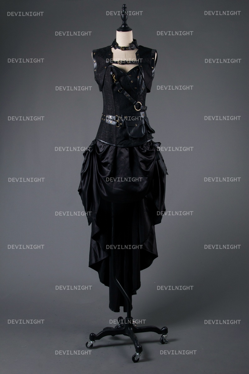 Black Steampunk Gothic Corset Burlesque High-Low Prom Party Dress