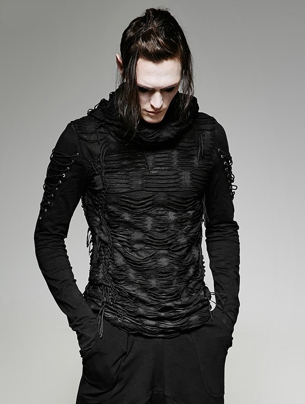 Black Gothic Hole Hooded T-Shirt for Men