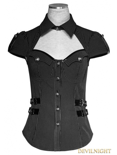 Gothic Military Uniform Short Stripe Shirt for Women - Devilnight.co.uk
