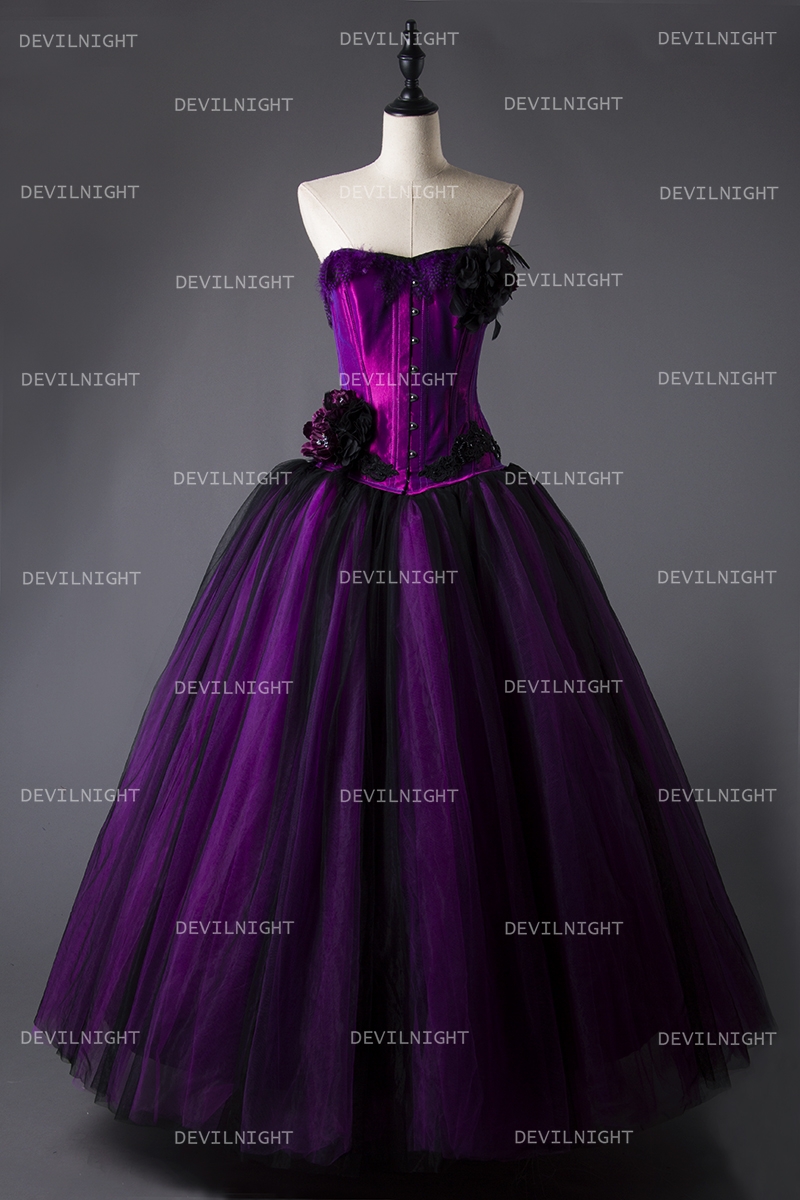 Romantic Purple and Black Feather and Flower Gothic Corset Long Prom Dress  