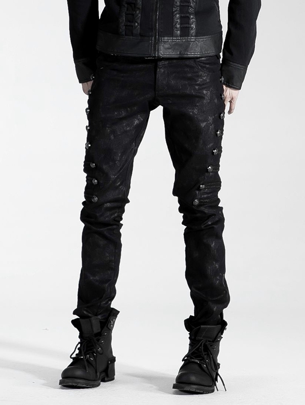 Black Gothic Male Rivet Side Decorated Jeans 