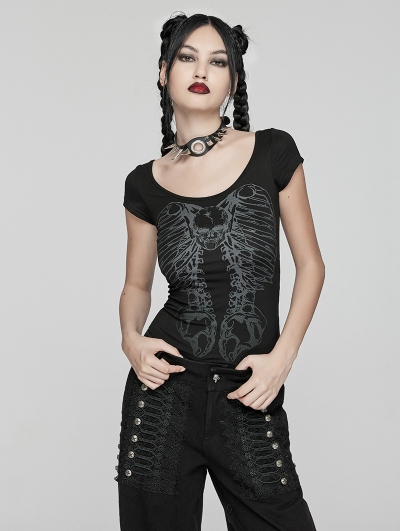 Black Gothic Punk Skeleon Pattern T-shirt For Women