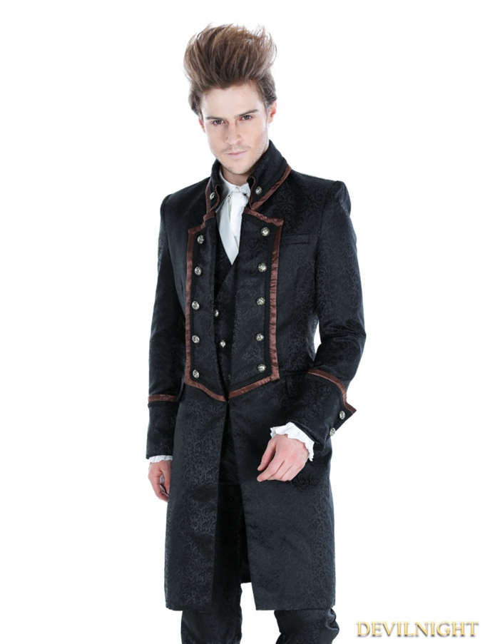 Black Gothic Military Style Male Long Coat with Coffee Hem