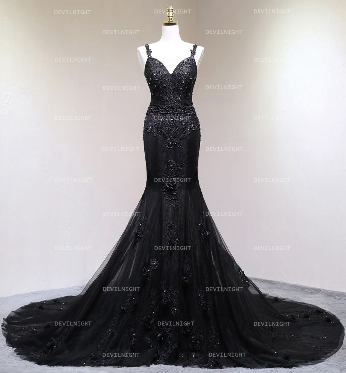 Black Gothic Beading Mermaid Gorgeous Wedding Dress