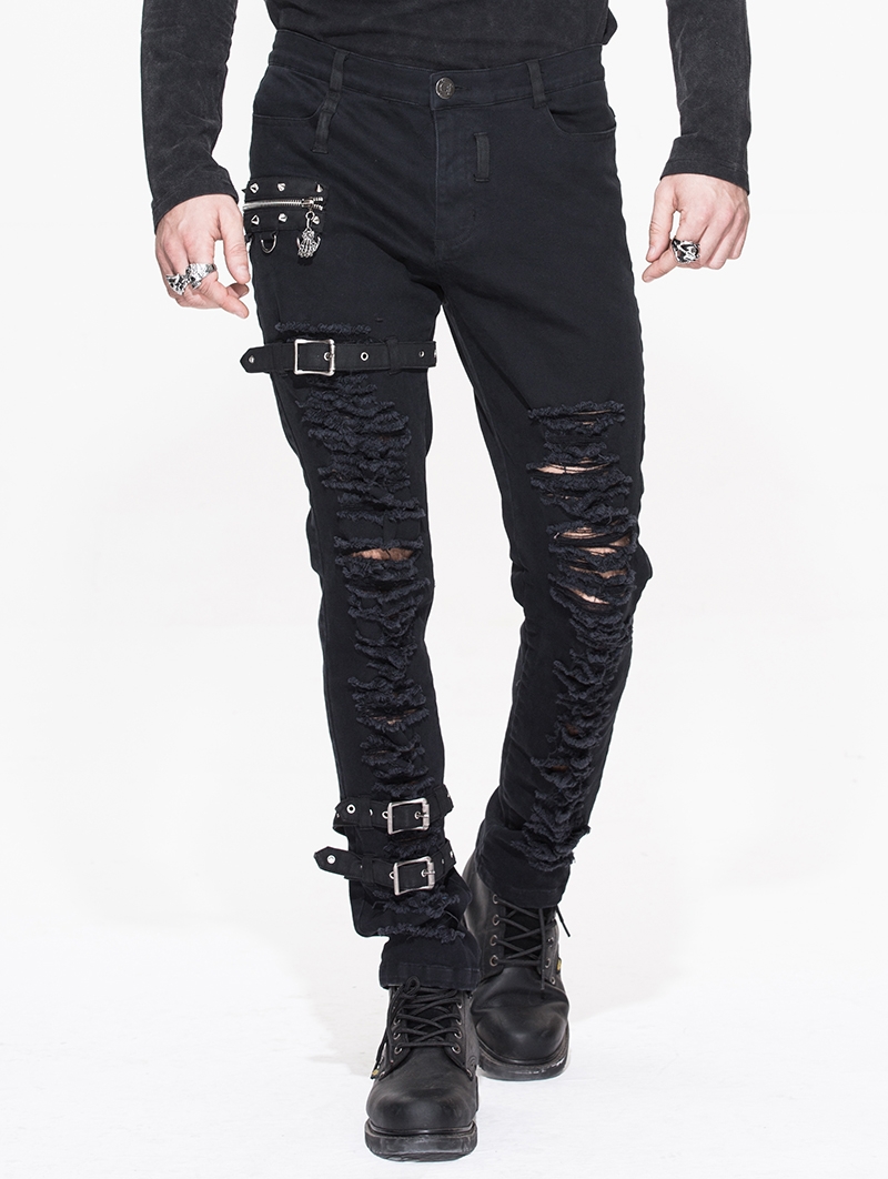 Black Gothic Punk Buckle Blet Trousers for Men