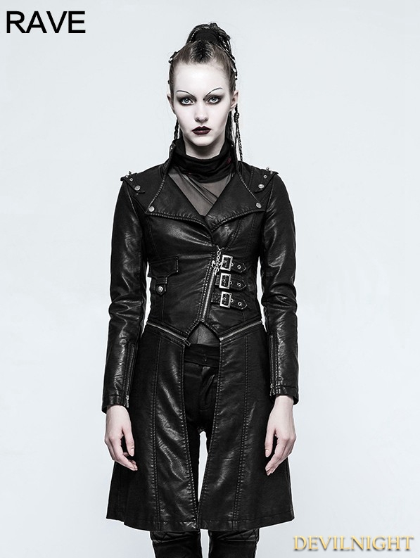 Black Gothic Handsome Punk Long PU Coat for Women