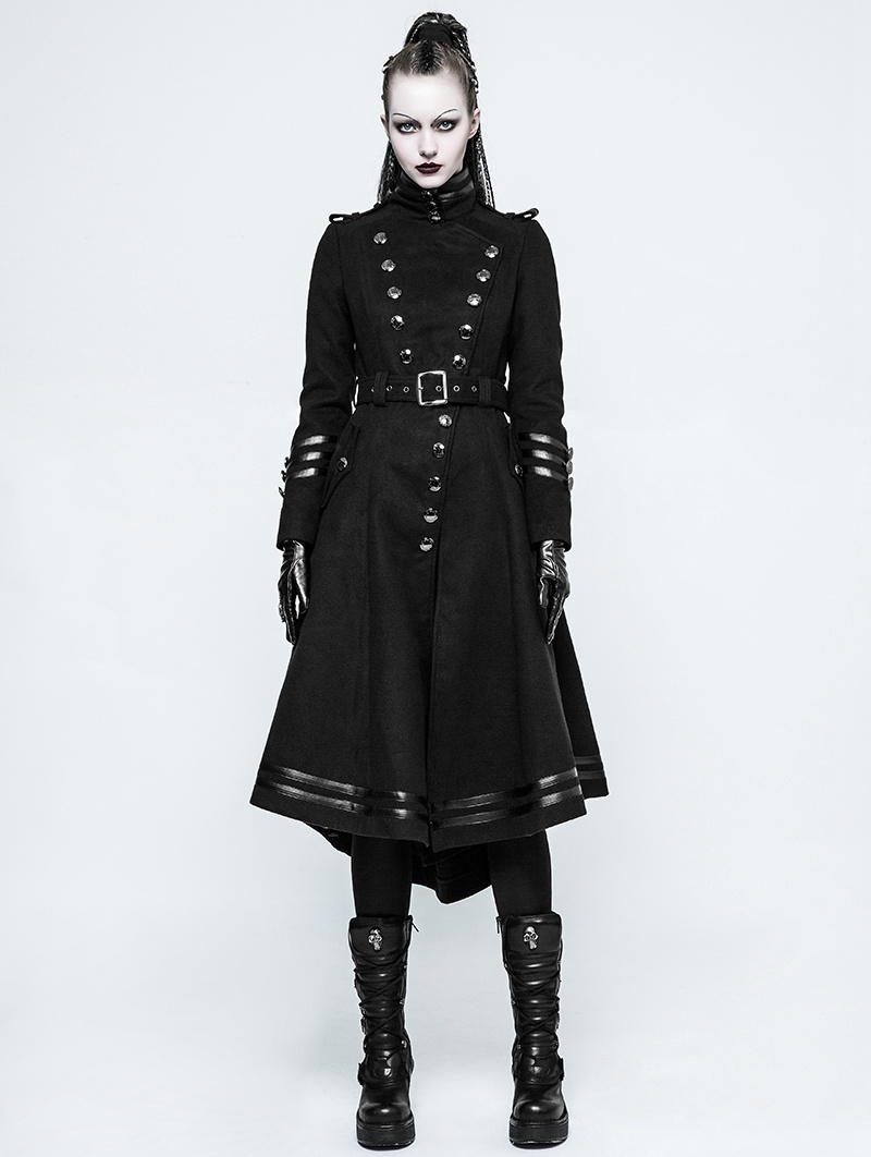 Black Gothic Military Uniform Worsted Long Coat for Women