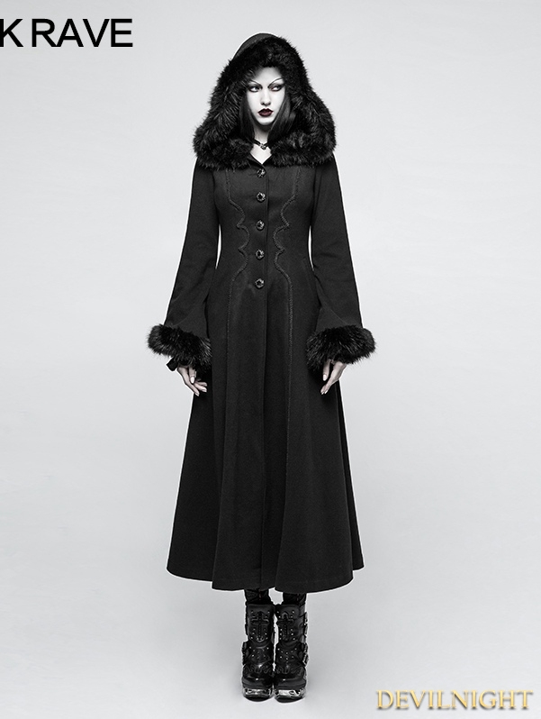 Black Gothic Disc Flowers Long Winter Fur Coat for Women