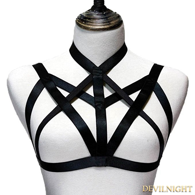 Black Hollow Out Gothic Harness Elastic Cage Bra