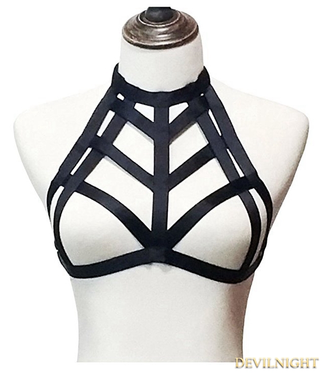 Black Elastic Gothic Harness Cupless Cage Bra